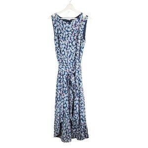 H‎ by Halston 12 Midi Dress Blue pink Sleeveless Tie Waist High low hem Back Zip